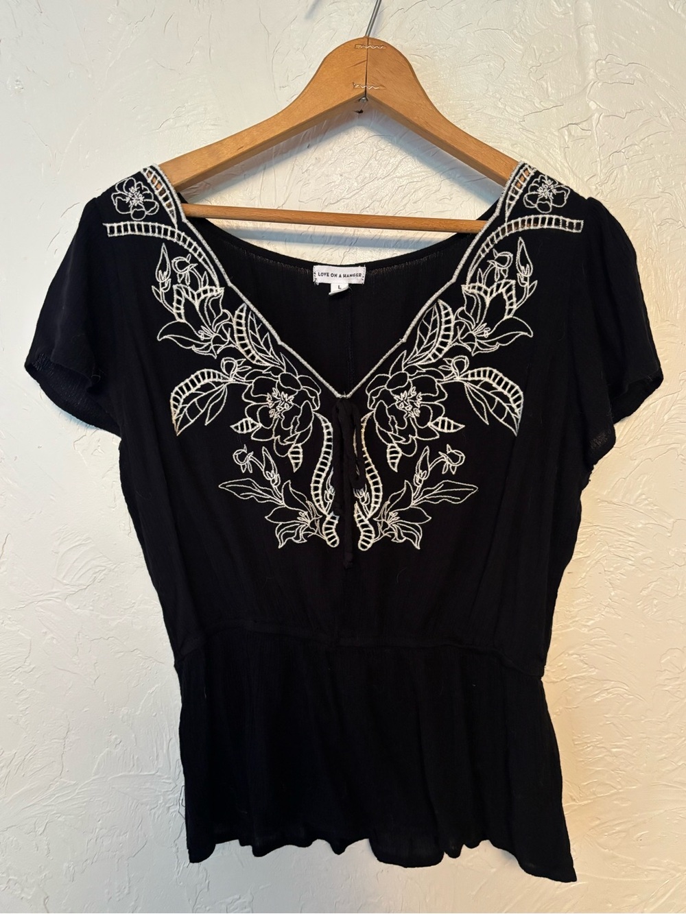 Black Embroidered V-Neck Women’s Top Size L